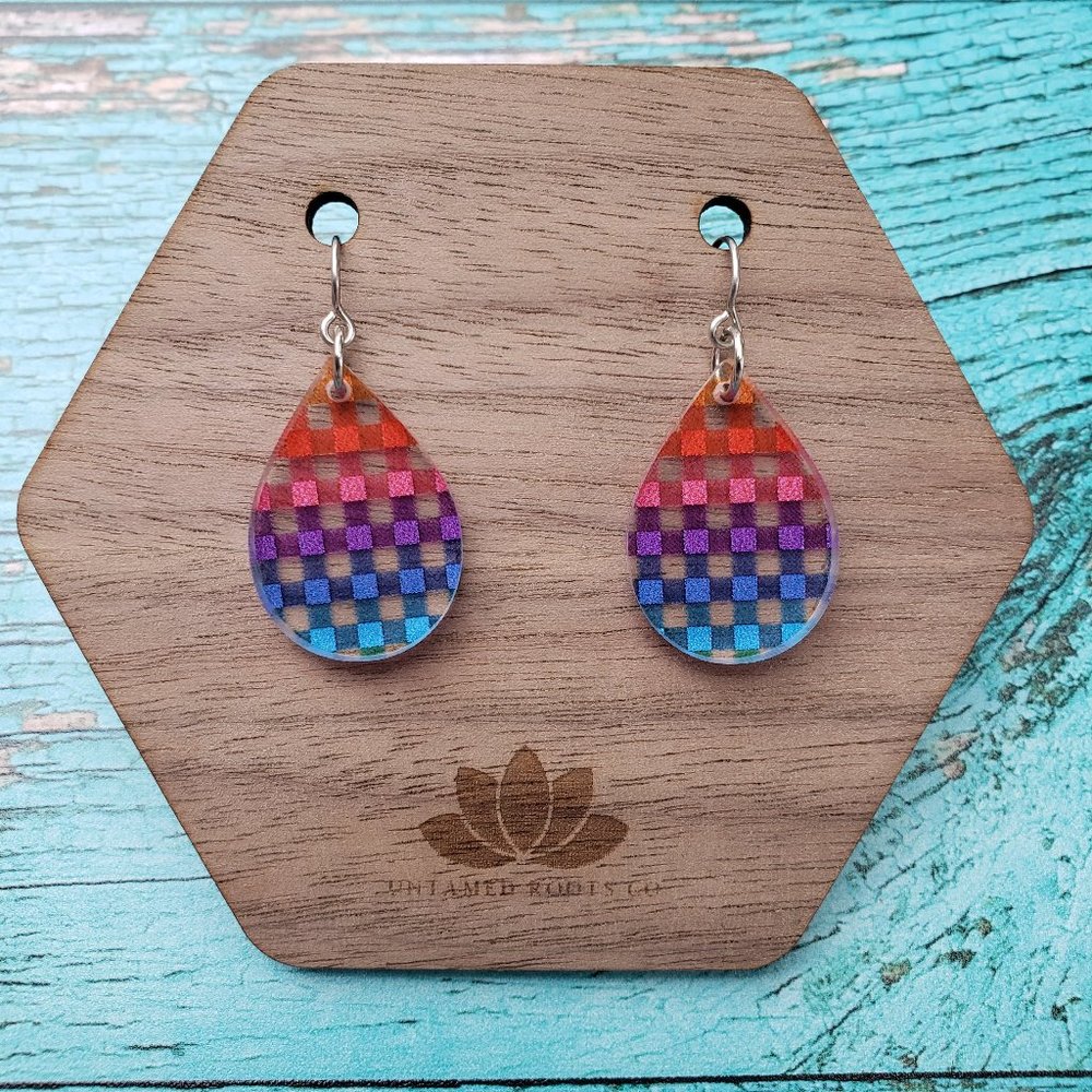 Rainbow Plaid Small Teardrop Dangle Earrings, Acrylic, Stainless Steel, Handmade